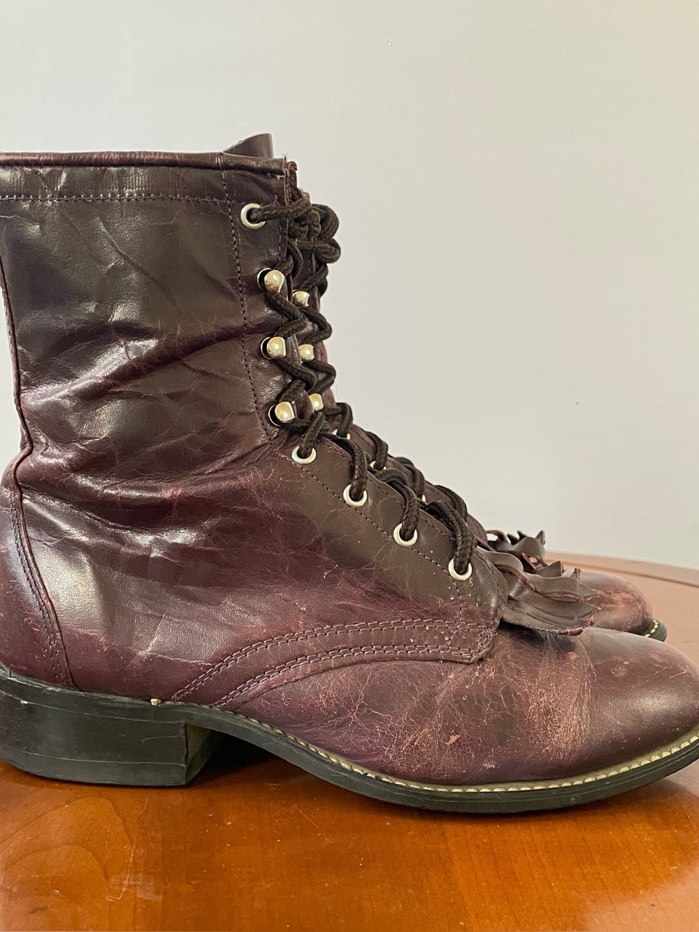 Laredo Burgundy Leather Tassel Lace-Up Ankle Boots | US 6.5